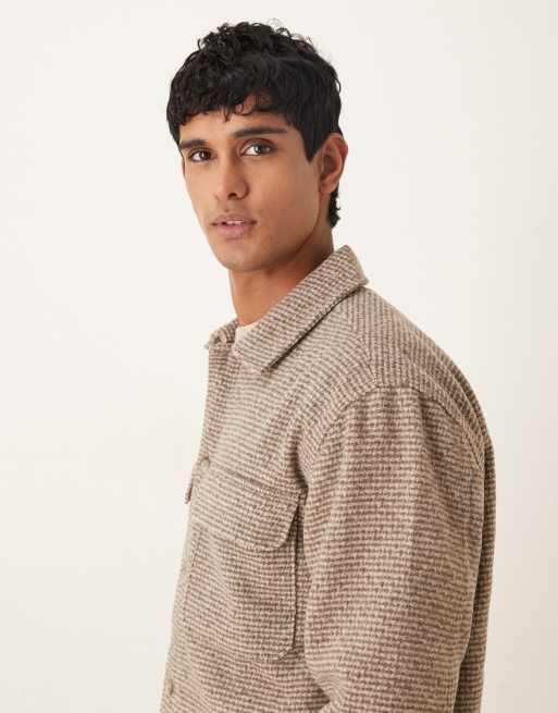 Abercrombie & Fitch - Camicia giacca taglio comodo grigia/marrone a quadri bouclé, 4 di 5