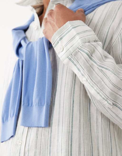 Abercrombie & Fitch - Camicia in 100% lino verde e bianca a righe, 3 di 5