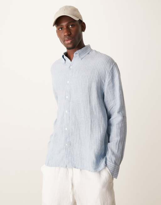Abercrombie & Fitch - Camicia in lino a righe blu e bianca a maniche lunghe