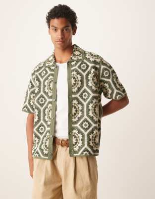 Abercrombie & Fitch - Camicia in maglia all'uncinetto con motivo a quadrifogli kaki e multicolore - view 1