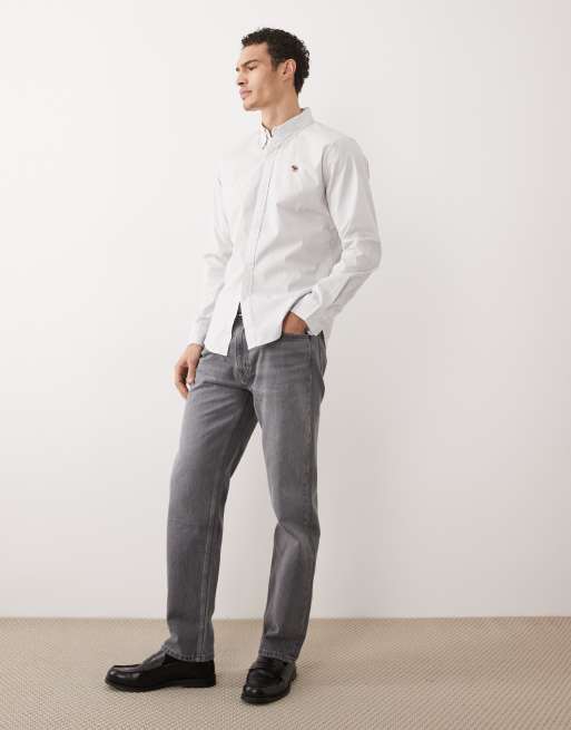 Abercrombie & Fitch - Camicia in popeline blu/bianco a righe con logo iconico, 2 di 5