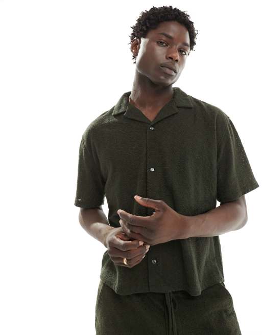 Abercrombie & Fitch - Camicia oversize a maniche corte taglio corto in pizzo verde oliva in coordinato