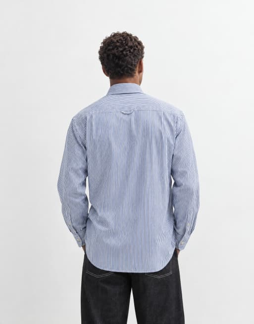Abercrombie & Fitch camicia oversize in twill con logo iconico a righe blu, 6 di 10