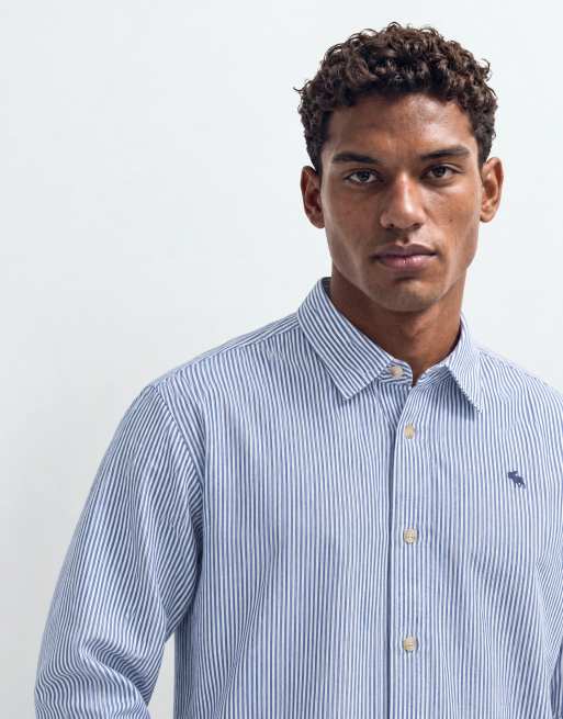 Abercrombie & Fitch camicia oversize in twill con logo iconico a righe blu, 7 di 10