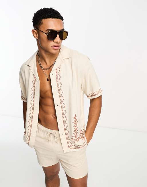 Abercrombie & Fitch - Camicia resort a maniche corte in lino color cuoio con ricami