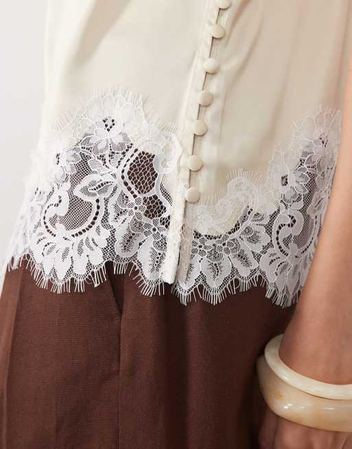 Abercrombie & Fitch – Camisole-Oberteil aus Satin in Cremeweiß mit Spitzendetail, 2 von 4