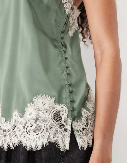 Abercrombie & Fitch – Camisole-Oberteil aus Satin in Salbeigrün mit Spitzendetail, 3 von 4
