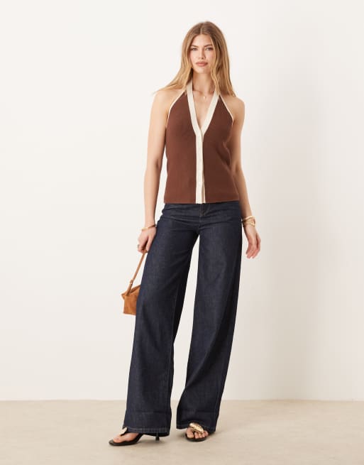 Abercrombie & Fitch - Canotta allacciata al collo marrone e crema a coste, 3 di 4