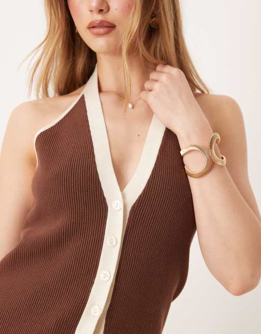 Abercrombie & Fitch - Canotta allacciata al collo marrone e crema a coste, 4 di 4
