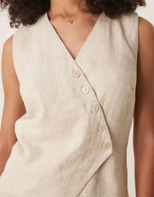 Abercrombie & Fitch - Canotta beige in lino taglio lungo con bottoni, 2 di 4