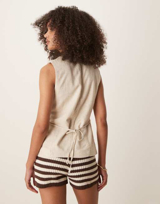 Abercrombie & Fitch - Canotta beige in lino taglio lungo con bottoni, 3 di 4