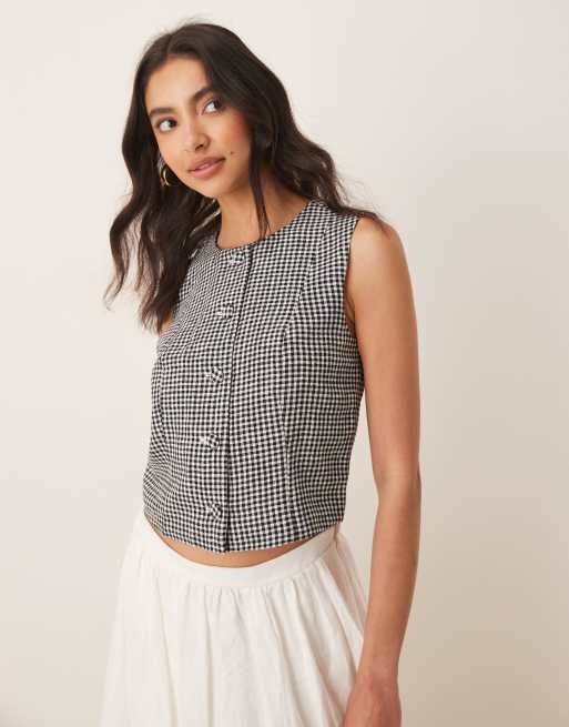 Abercrombie & Fitch - Canotta taglio corto accollata nera a quadretti in lino