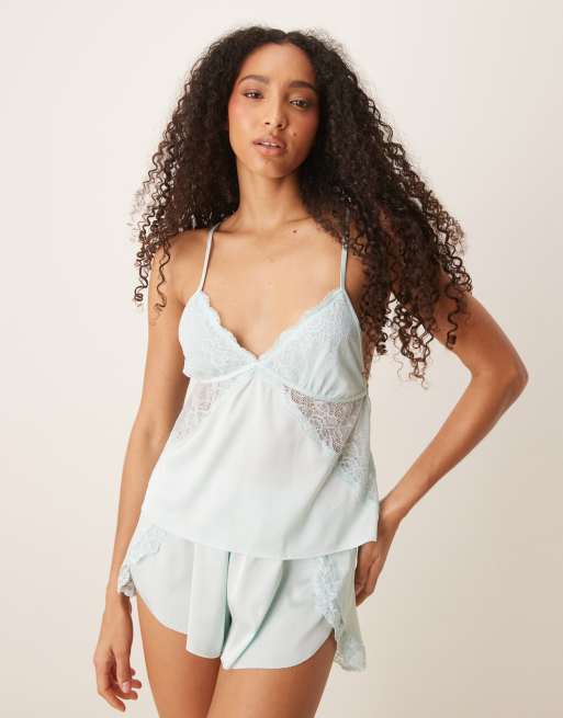 Abercrombie & Fitch - Canottiera del pigiama in raso blu con finiture in pizzo in coordinato