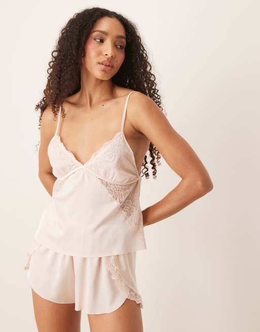 Abercrombie & Fitch - Canottiera del pigiama in raso rosa con finiture in pizzo in coordinato