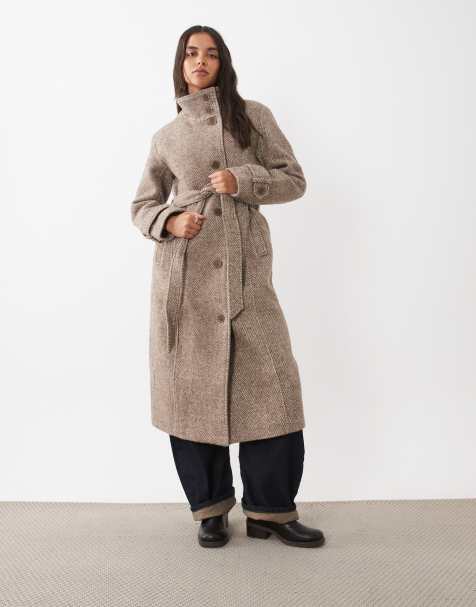 Abercrombie & Fitch cappotto in misto lana con collo a imbuto e cintura, beige a spina di pesce - view 1