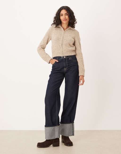 Abercrombie & Fitch - Cardigan con colletto ripiegato e zip doppia beige, 4 di 4