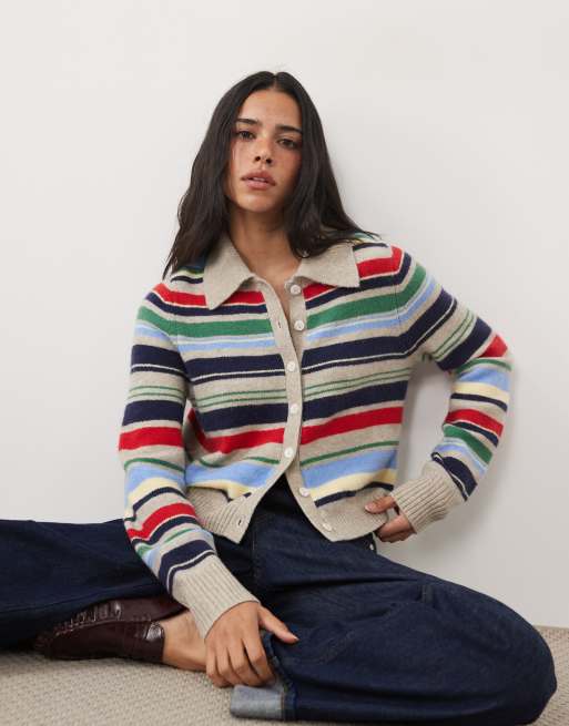 Abercrombie & Fitch cardigan court en maille à col rayé multicolore, 1 de 4