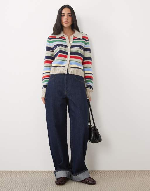 Abercrombie & Fitch cardigan court en maille à col rayé multicolore, 2 de 4