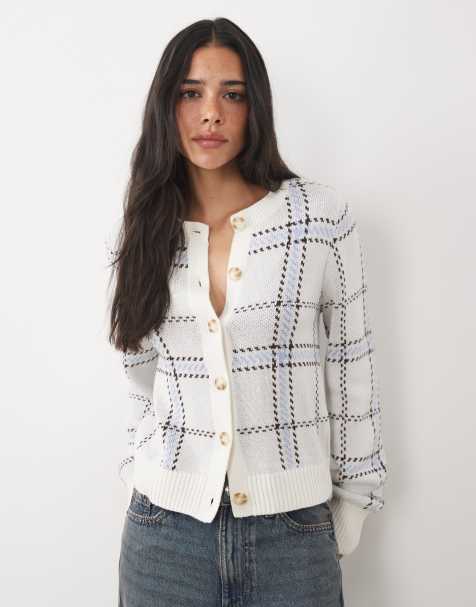 Abercrombie & Fitch - cárdigan de punto con cuello redondo y cuadros beige - view 1