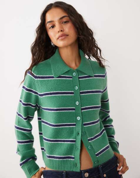 Abercrombie & Fitch - cárdigan de punto corto con cuello en verde y blanco a rayas - view 1