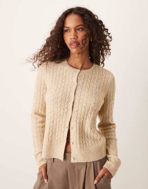 Abercrombie & Fitch - Cardigan in maglia a trecce color cuoio con logo - view 1