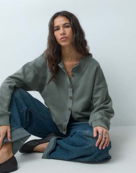 Abercrombie & Fitch cardigan sweat coupe carrée kaki - view 1