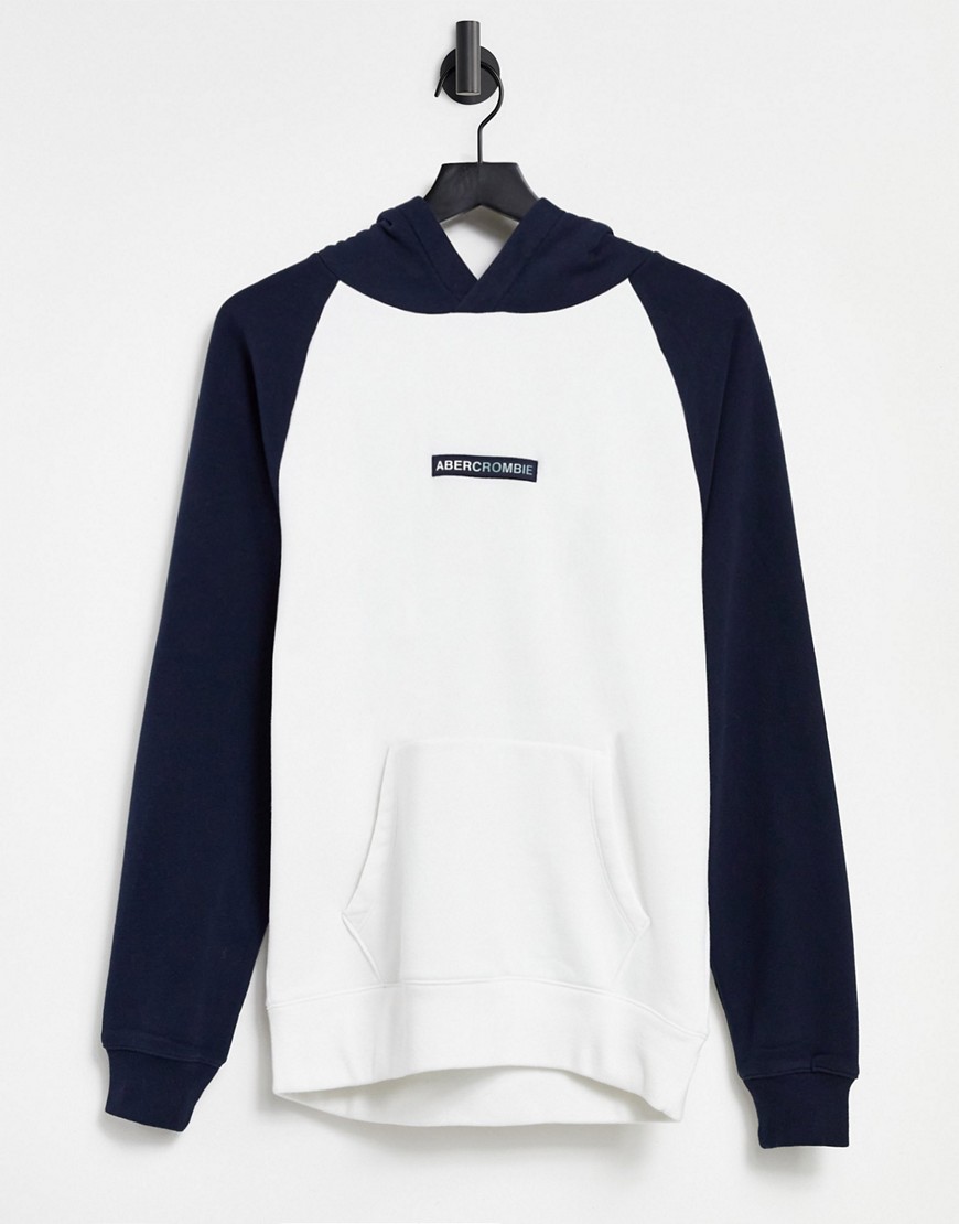 Abercrombie & Fitch Central Logo Colorblock Hoodie In White/navy