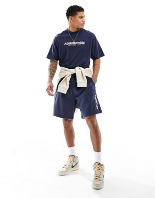 Abercrombie & Fitch chainstitch embroid logo 9in french terry sweat shorts in dark blue mix & match