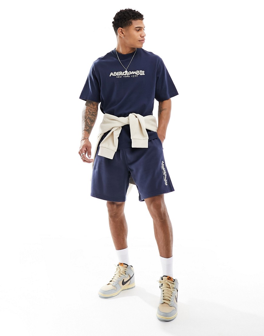 Abercrombie & Fitch chainstitch embroid logo 9in french terry sweat shorts in dark blue mix & match-Navy
