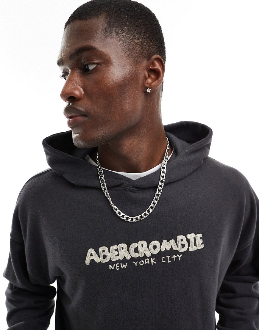 Abercrombie & Fitch chainstitch embroidered logo french terry hoodie in washed black-Neutral
