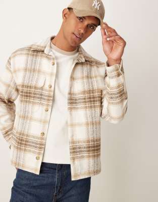 Abercrombie & Fitch check dobby flannel overshirt in tan-Brown