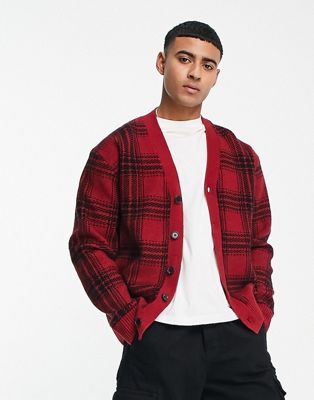 Abercrombie & Fitch check knit cardigan in red - ASOS Price Checker