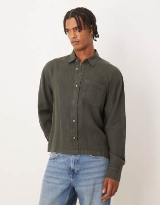 Abercrombie & Fitch - Chemise 100 % lin à manches longues - Vert foncé