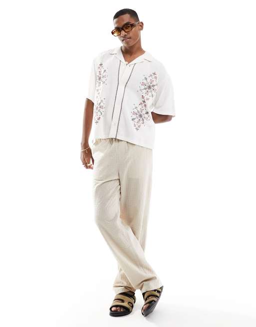 Abercrombie & Fitch - Chemise brodée à manches courtes en lin mélangé - Blanc, 3 de 4