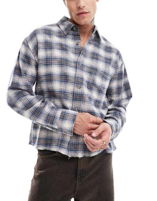 Abercrombie & Fitch - Chemise courte à carreaux en flanelle flammée - Bleu moyen