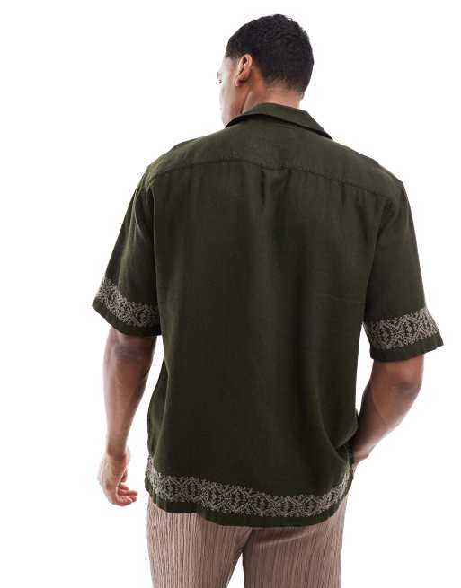 Abercrombie & Fitch - Chemise décontractée à manches courtes avec bordures brodées - Vert olive, 4 de 4