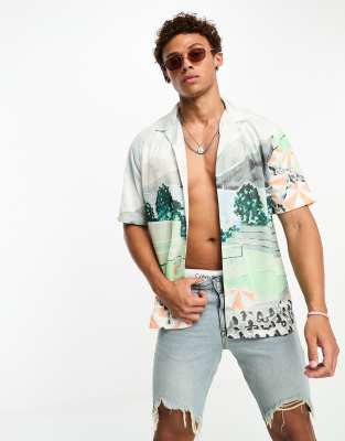 Abercrombie & Fitch short sleeve revere collar scenic print mesh shirt in multi - ASOS Price Checker