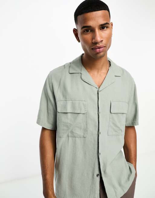 Abercrombie & Fitch - Chemise manches courtes en lin avec col à revers - Vert