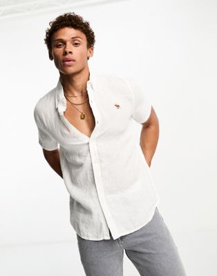 Abercrombie & Fitch icon logo linen short sleeve shirt in white - ASOS Price Checker