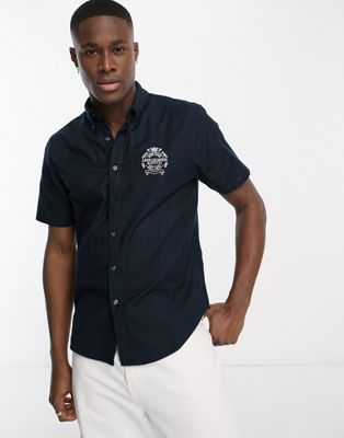 Abercrombie & Fitch logo short sleeve oxford shirt in navy - ASOS Price Checker