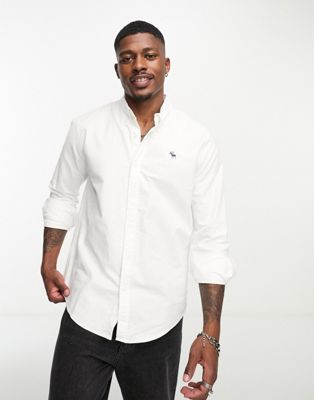 Abercrombie & Fitch elevated icon logo relaxed fit oxford shirt in white - ASOS Price Checker