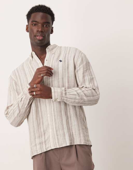 Abercrombie & Fitch - Chemise rayée décontractée en lin à logo emblématique - Fauve