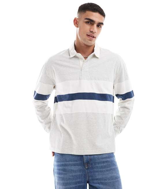 Abercrombie Fitch chest block stripe rugby polo in grey marl