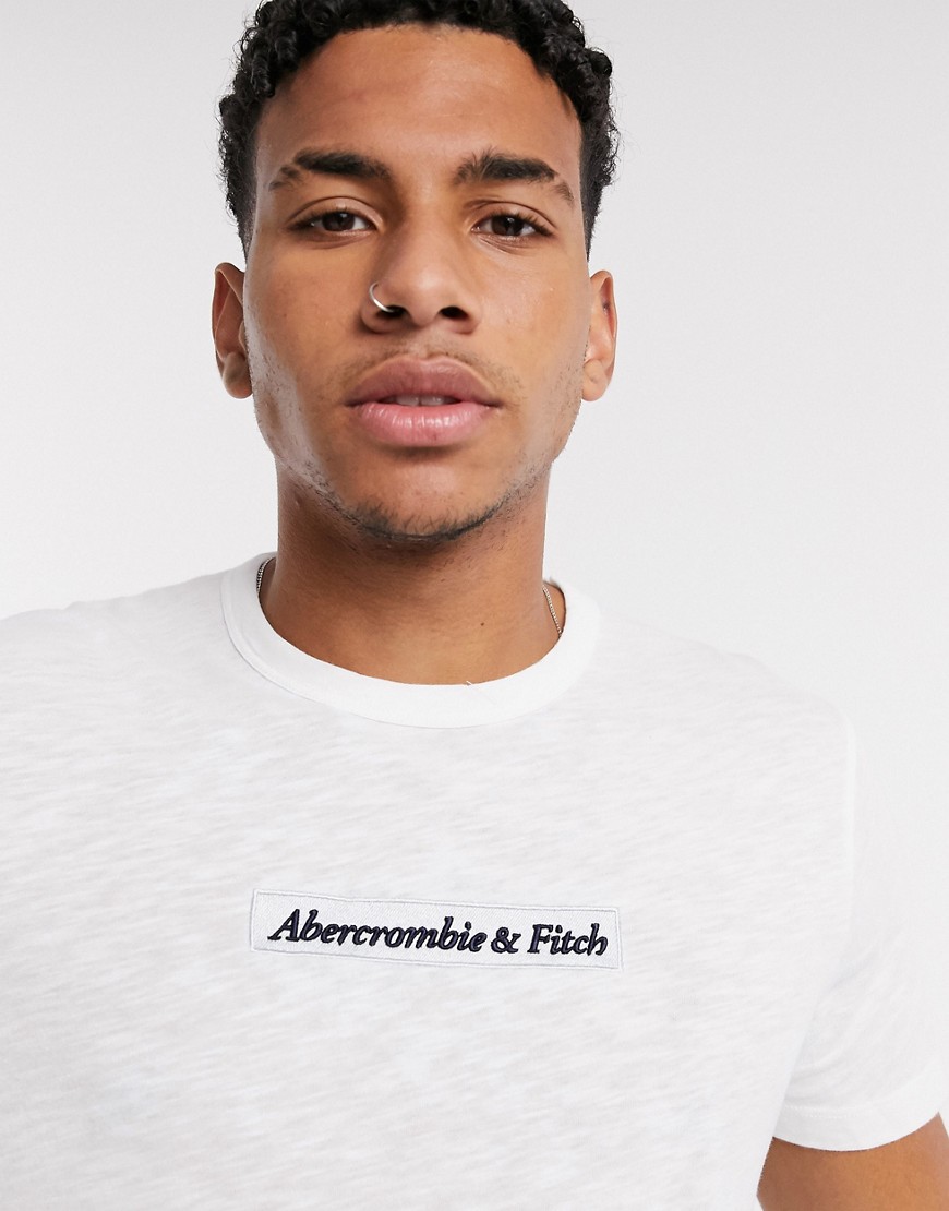 Abercrombie & Fitch chest box logo curved hem t-shirt in white