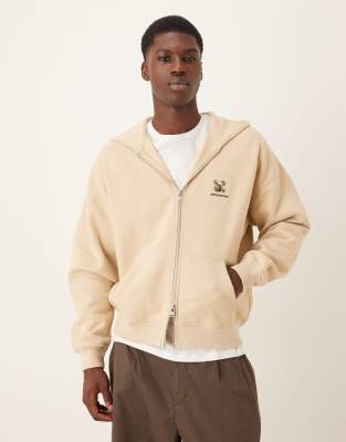 Abercrombie & Fitch Abercrombie & Fitch chest logo zip hoodie in beige-Neutral