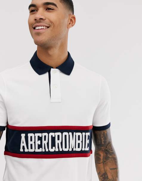 Abercrombie & Fitch chest stripe logo and contrast collar pique polo in white