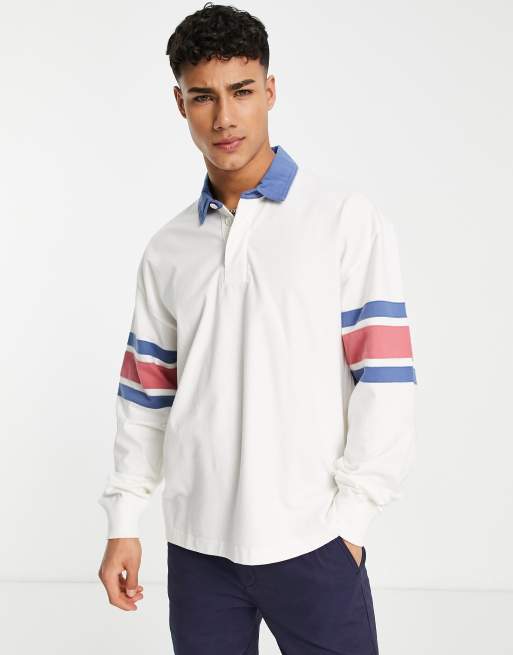 Abercrombie u0026 Fitch chest stripe oversized rugby polo in white | ASOS