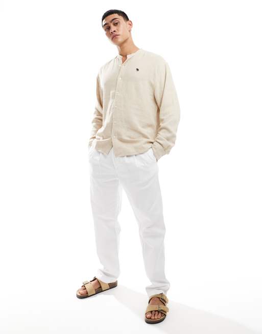 Abercrombie & Fitch - Chique overhemd van linnenmix met eland-logo en bandkraag in beige