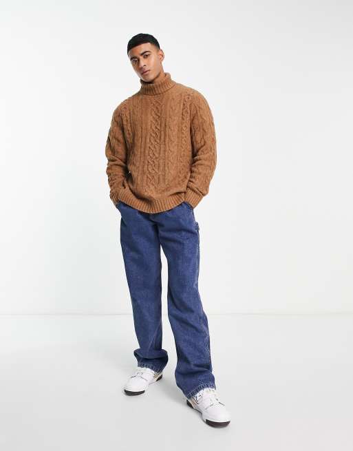 Abercrombie Fitch chunky cable knit turtleneck jumper in camel