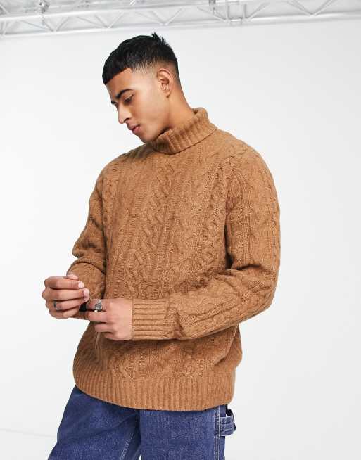 Abercrombie & Fitch - Chunky kamelbrun rullekravetrøje i kabelstrik